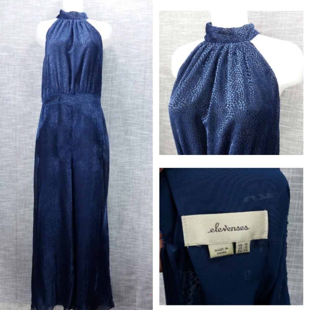 Anthropologie Navy Blue Velvet Halter Jumpsuit